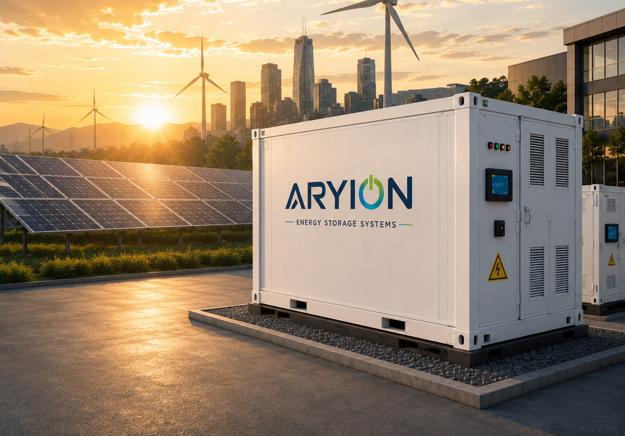 Residential ARYION battery storage system beside a solar home